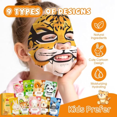 9 Pack Animal Face Masks Skincare for Kids, Spa Party Gifts for - Product Imagery