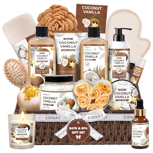 EIRNAY Gifts For Women - 16 PCS Birthday Gift Basket for Women Set of Coconut Vanilla Self Pampering Set, Includes Luxur