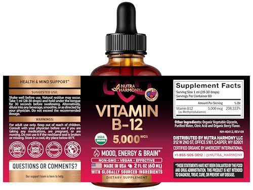 USDA Organic Vitamin B12 Sublingual Drops - Methylcobalamin 5000 - Product Imagery