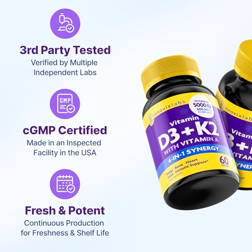 InnovixLabs D3 K2 Vitamin 5000 IU Supplement with Vitamin A (60 - Product Imagery