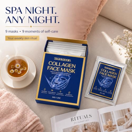 SkinKlean Collagen Face Mask 9 Pack,Hydrating Sheet Masks for - Product Imagery