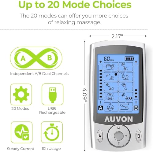 AUVON Dual Channel TENS Unit Muscle Stimulator Machine with 20 - Product Imagery