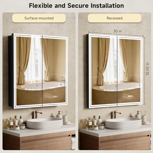 30"x32" LED Lighted Medicine Cabinet, LED Mirror with Defogger, - Product Imagery