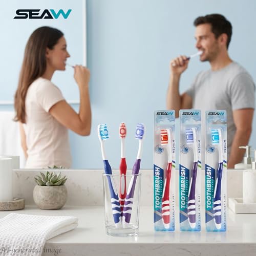 Manual Medium Toothbrushes 6 Pack for Adults with Tongue Cleaner - Product Imagery
