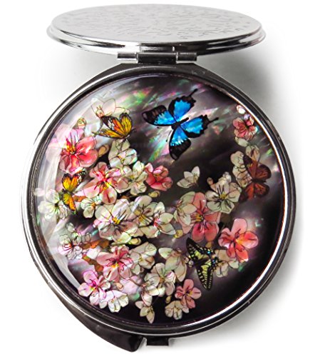 MADDesign Mother of Pearl Makeup Compact Mirror Apricot Flower Butterfly – Pink, Black, Gray, White, Yellow, Blue, Silve