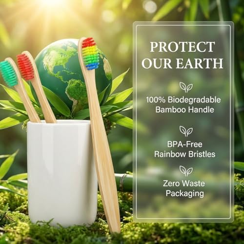 10 Vibrant Colors Bamboo Toothbrushes | BPA Free Soft Bristles - Product Imagery