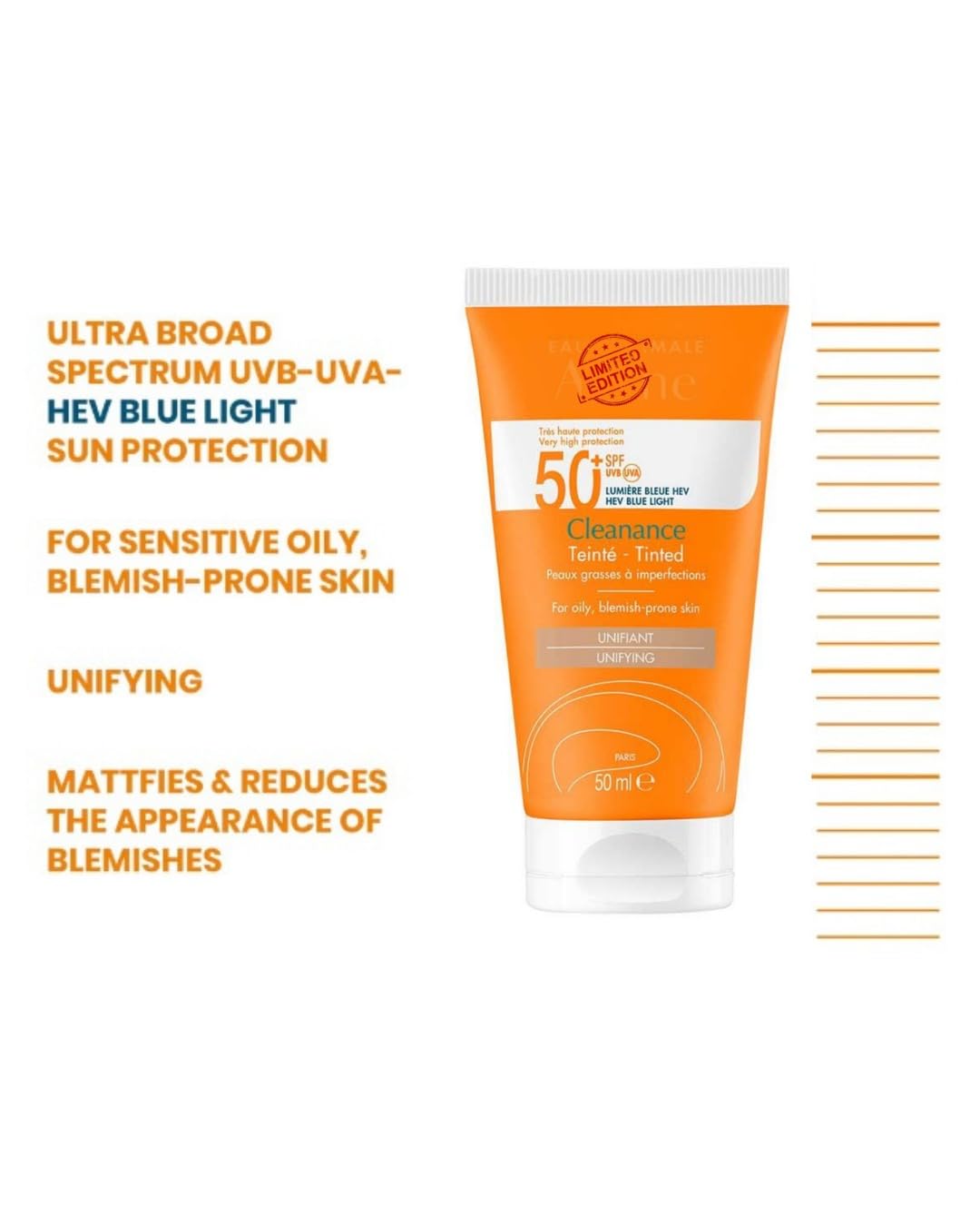 Clean Solaire Tinted SPF 50 Facial Sunscreen – For Face and Neck, Oily & Acne-Prone Skin, Sebum-Regulating, Tone-Evening