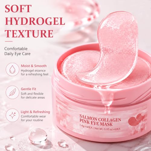 Salmon Collagen Under Eye Masks, 60-Count Pink Hydrogel Eye Pads - Product Imagery