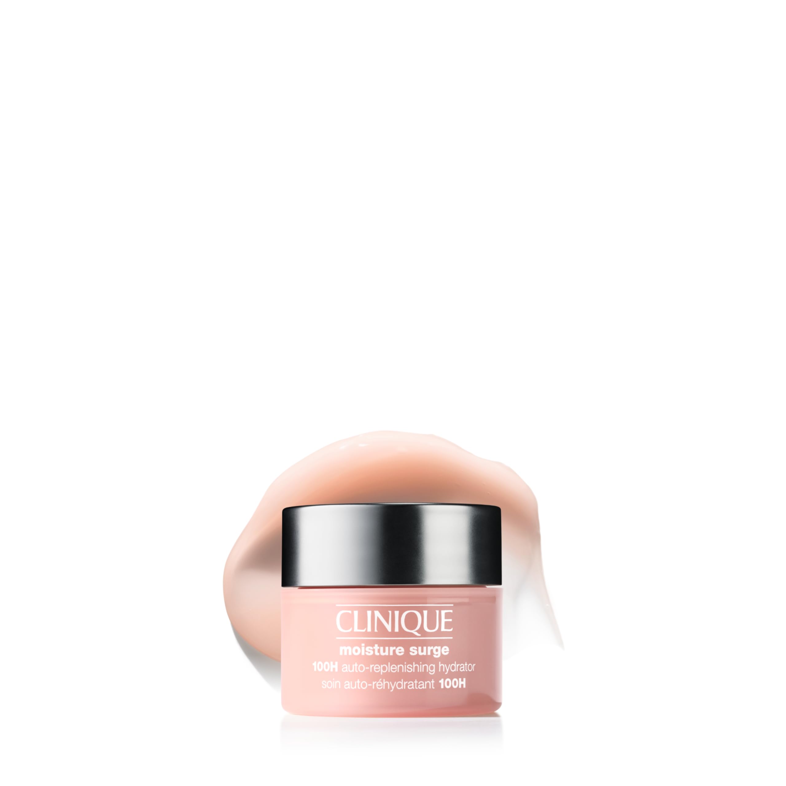 Clinique Moisture Surge 100H mini hydrating face moisturizer jar with hyaluronic acid, aloe bioferment, and vitamins C and E.