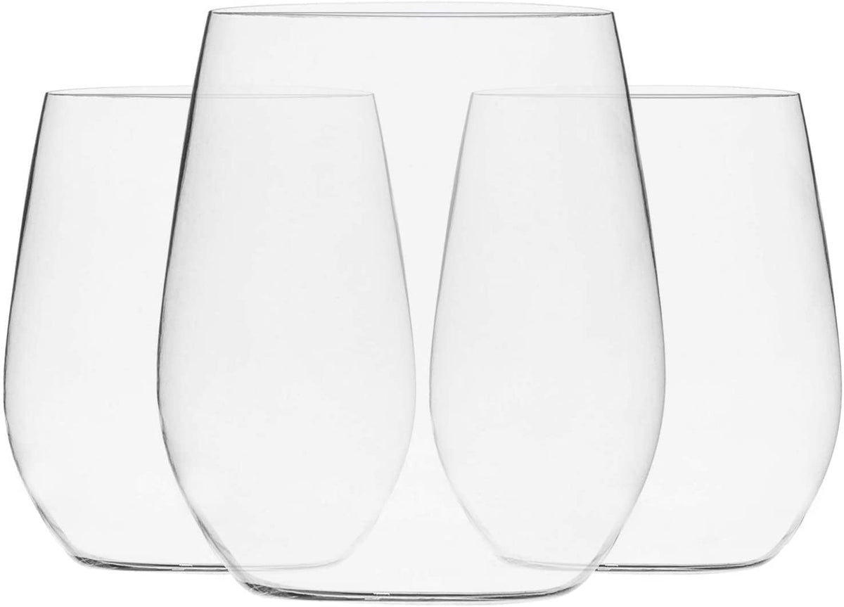 Munfix Disposable Plastic Wine Glasses, Stemless 12 oz Clear Shatterproof Cups, BPA-Free, 48 Pack – packaging and label