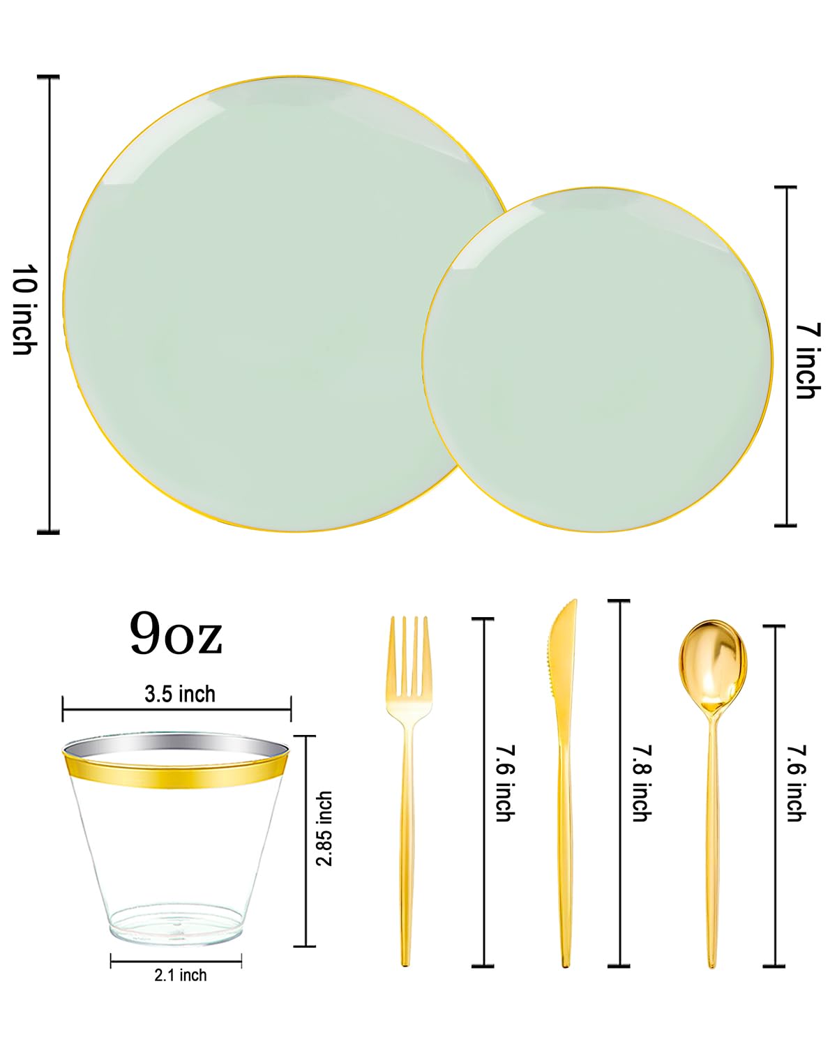 bUCLA 150PCS Green Plastic Plates - Sage Green with Gold Rim Disposable - Include 25 (Dinner & Dessert) Plates, 25 Knive