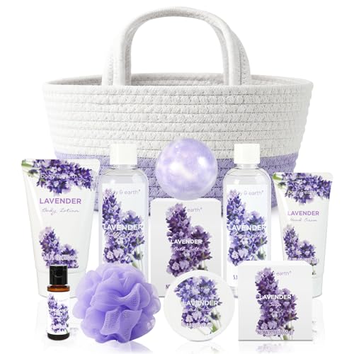 BODY & EARTH Spa Gift Baskets for Women 11pcs Lavender Gift Sets with Bubble Bath, Shower Gel, Body Lotion, Mom Birthday