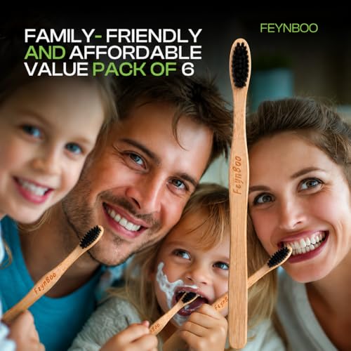 Bamboo Toothbrushes Hard Bristles 6 Pack - BPA Free Bristles - Product Imagery