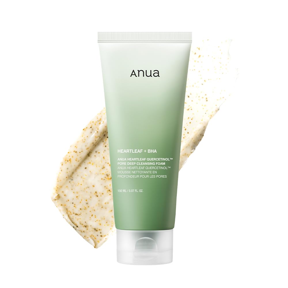 ANUA Heartleaf Quercetinol Pore Deep Cleansing Foam in a 5.07 fl oz bottle, showing the foaming cleanser with a pump dispenser.