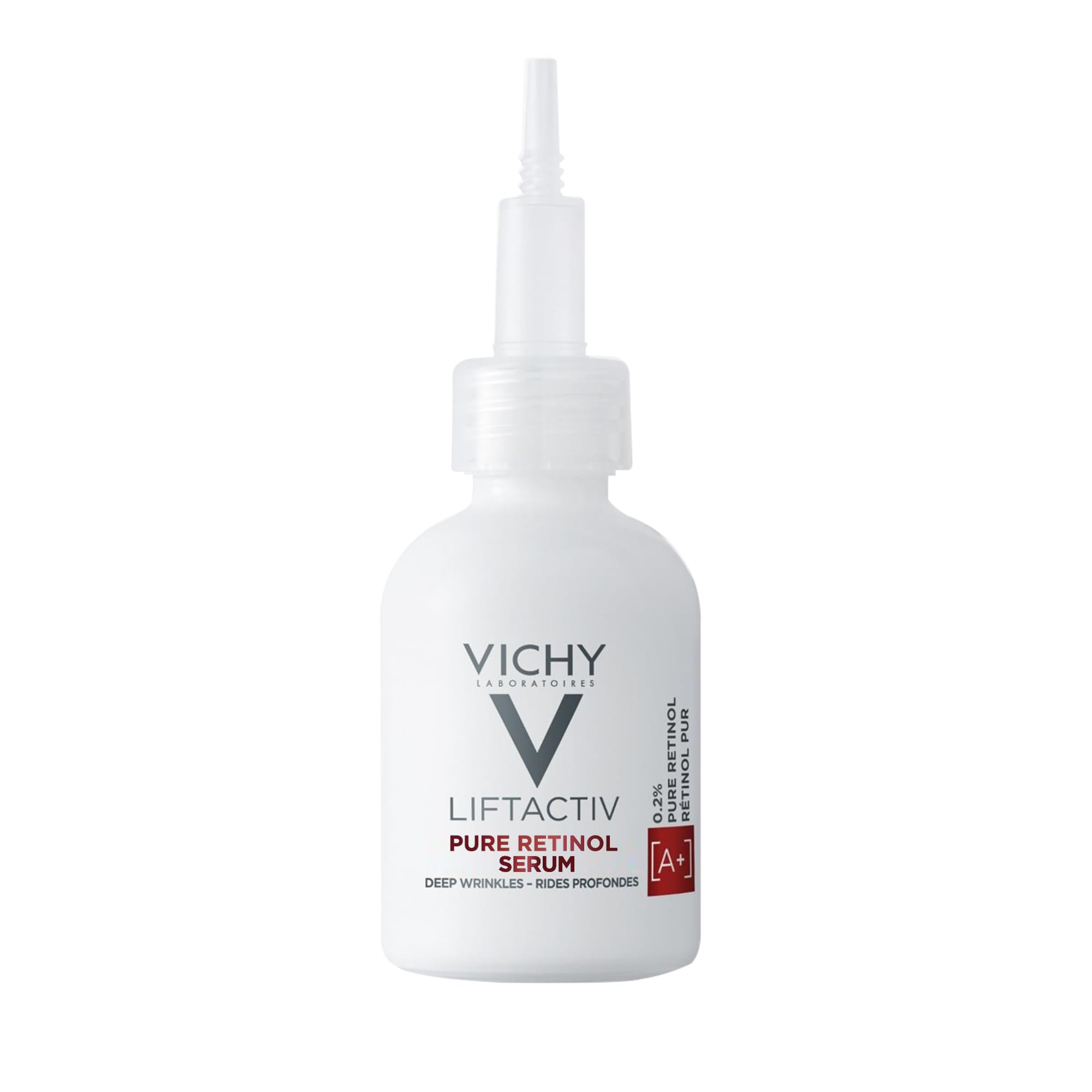 Vichy LiftActiv 0.2% Pure Retinol Serum for face with peptides, in a 1oz bottle, showing the serum and packaging.
