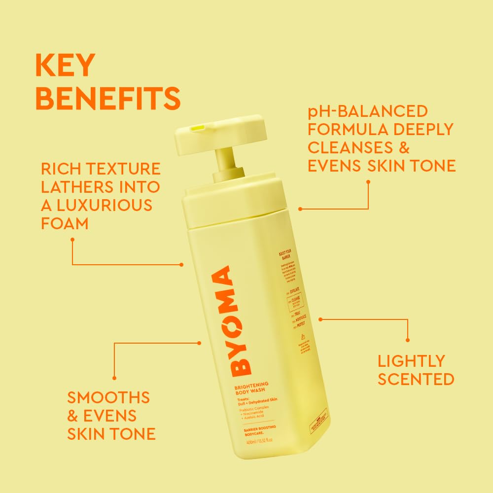 BYOMA Brightening Body Wash in a pump bottle, showing smooth, creamy formula for skin cleansing and brightening.