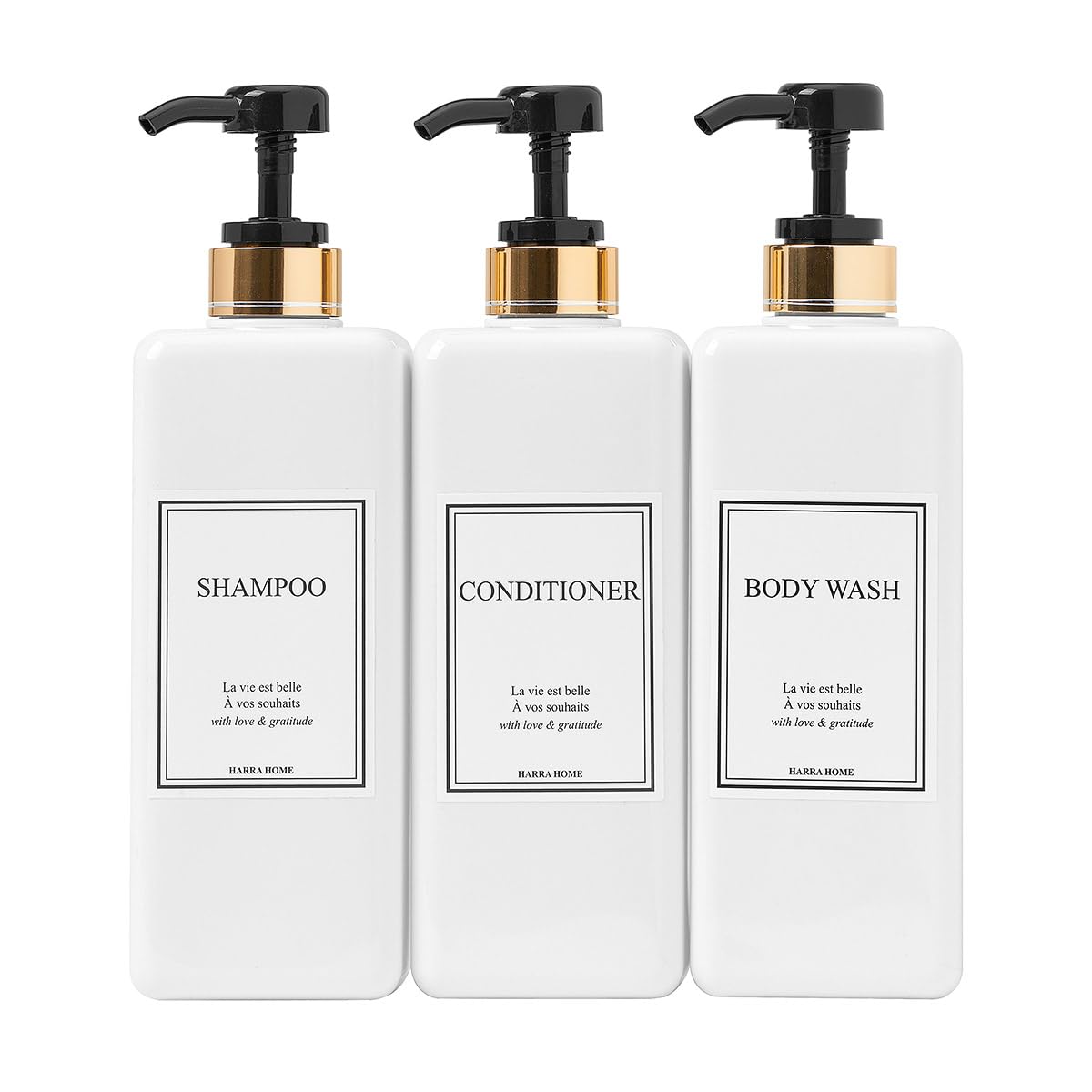 HARRA HOME Modern Design Shampoo and Conditioner Dispenser with Gold Accents, Set of 3 – product photo (Shower Dispenser