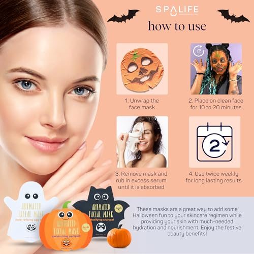 SpaLife Facial Mask Sheet Bundle - Pumpkin, Ghost, Bat - - Product Imagery