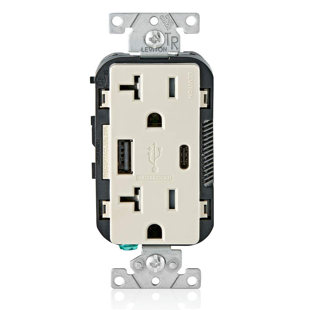 Leviton Type A & Type-C USB in-Wall Charger with 20A Tamper-Resistant Outlet, USB Charger for Smartphones and Tablets. N