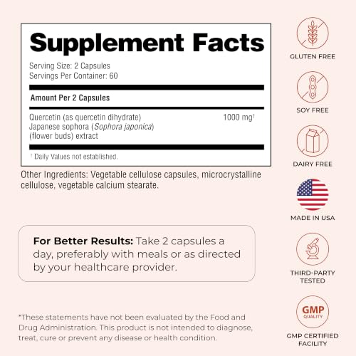 Sandhu's Quercetin 500mg Capsules 1000mg Per Serving 120 Ct - Product Imagery