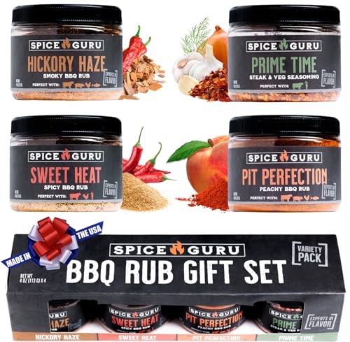 Spice Guru BBQ Rub Gift Set – 4 Flavor Barbecue Seasoning Sampler – Mens Christmas Gifts for Dad, Husband or Brother – P