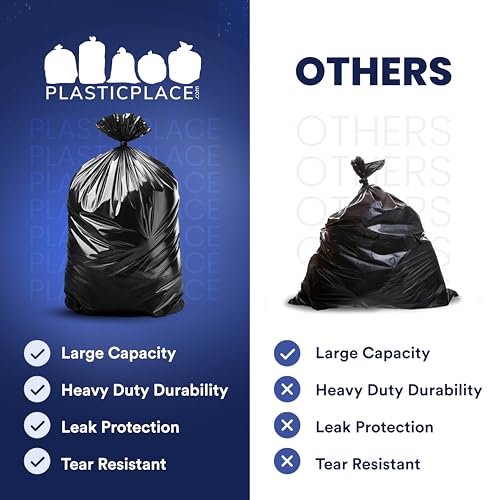 Plasticplace 55-60 Gallon Trash Bags, Heavy Duty, Black Garbage - Product Imagery