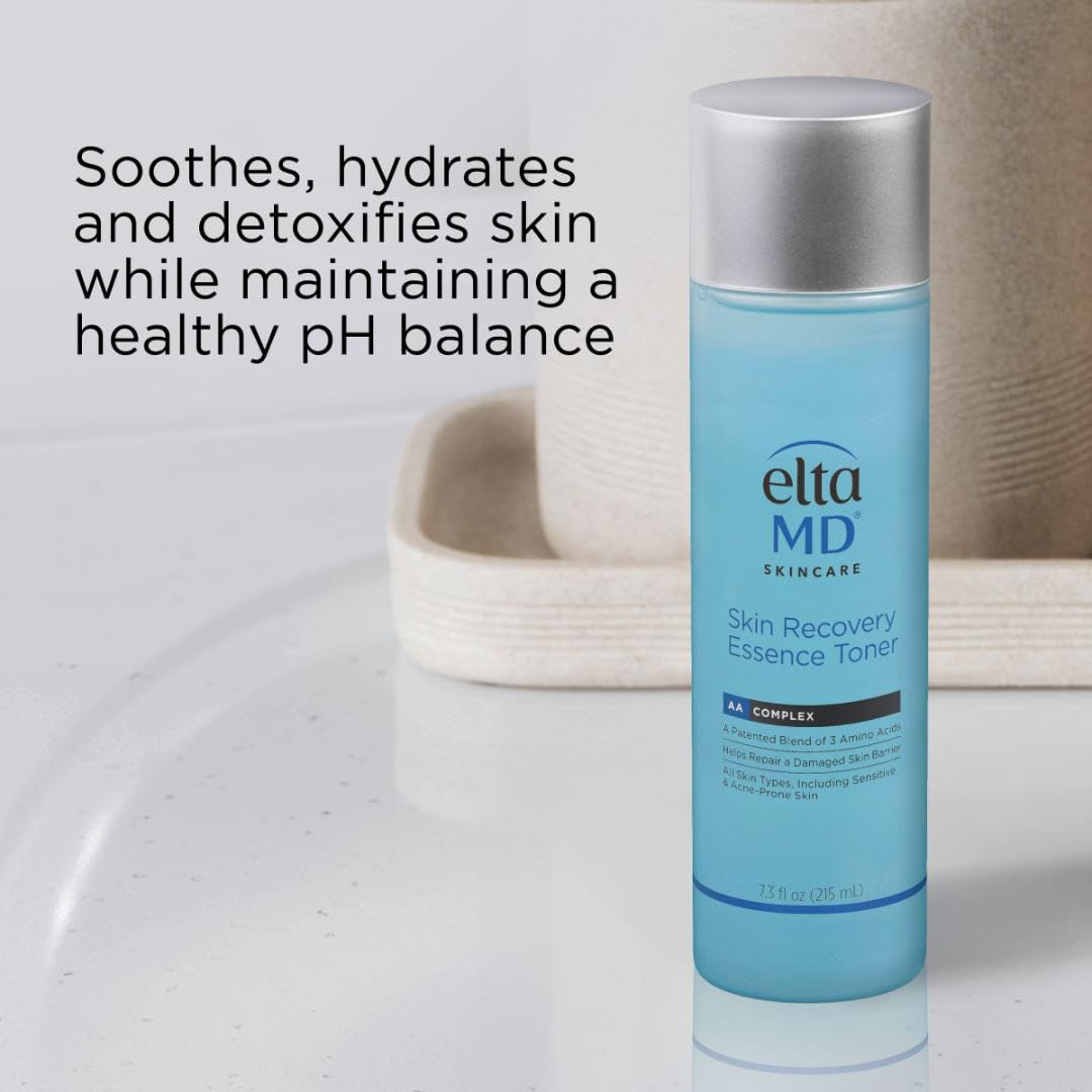 EltaMD Skin Recovery Essence hydrating face toner in a 7.3 oz bottle, alcohol-free skincare product for gentle skin refreshment.