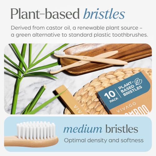 VIVAGO Bamboo Toothbrushes 10 Pack – Plant-Based Medium Bristles - Product Imagery