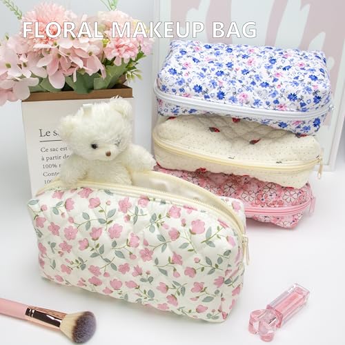 PAZIMIIK Small Quilted Makeup Bag,Zipper Cosmetic Pouch,Floral - Product Imagery