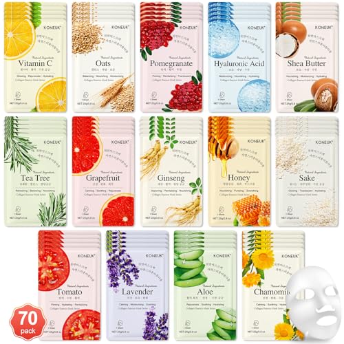 KONEUK 70 Pack Sheet Face Masks Skincare, Hydrating Facial Mask for Dry Oily Skin – Gentle, Plant Scents, 1 Count (Pack 