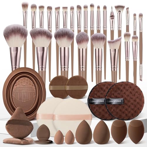 HGHDBT 42Pcs Brown Makeup Brushes Set Professional Premium Synthetic for Blush Foundation Eye Shadow Concealer Powder Ey