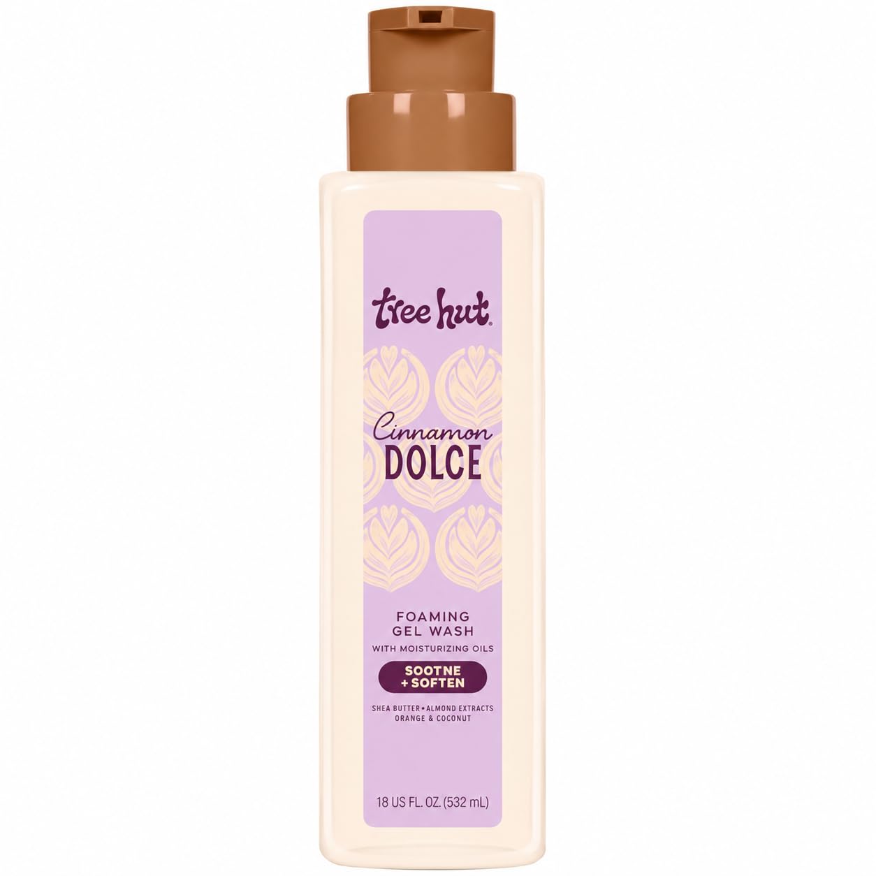 Tree Hut Cinnamon Dolce Body Wash with Shea Butter in a pump bottle, 18 fl oz, moisturizing skin cleansing product.