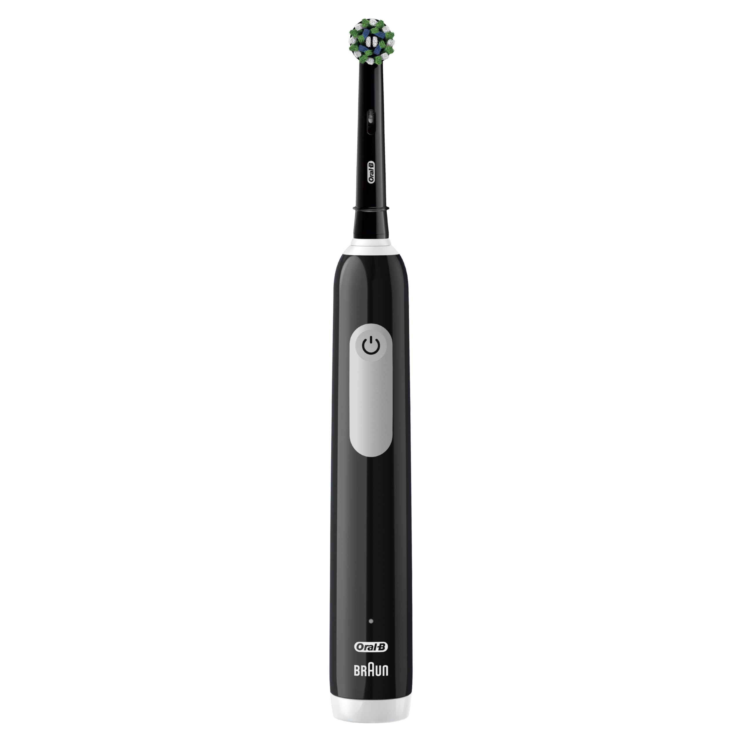 Oral-B Pro 1000 rechargeable electric toothbrush in black with cleaning brush head and ergonomic handle.