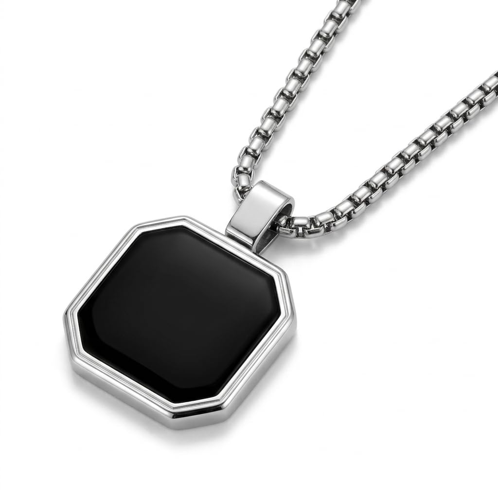 Galis Mens Necklace - Premium Stainless Steel Silver Chain Necklace, Non Tarnish, Chains, Triangle, Cross, Black Enamel,