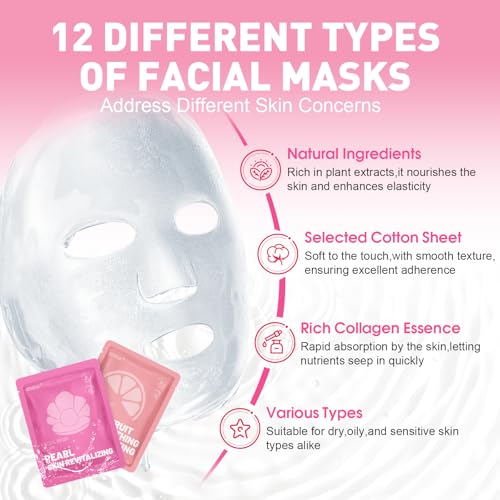12 Pack Collagen Hydrating Face Masks Skincare, Face Mask for - Product Imagery