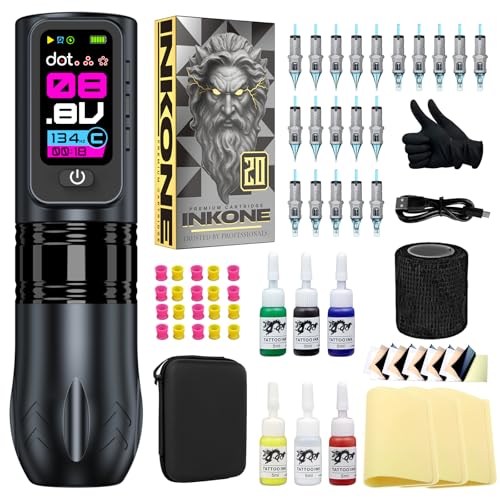 INKONE Wireless Tattoo Gun Kit, Tattoo Gun Kit for Beginners Tattoo Machine Kit with 2000mAh Power Supply, 20PCS Cartrid