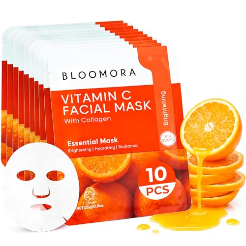 BLOOMORA 10 Pack Vitamin C + Collagen Face Mask Set, Vitamin C - Product Imagery
