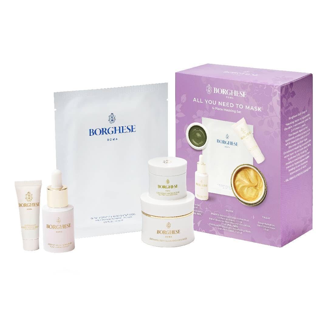 Borghese 5-Piece All You Need to Mask Gift Set - Includes Mask Booster Serum, Mud Mask, Firming Mask, AHA BHA Overnight 
