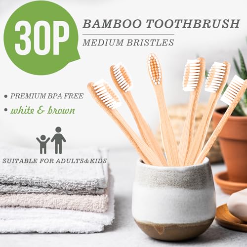 30 PCS Bamboo Toothbrushes Pack, Natural & Eco-Friendly Wooden - Product Imagery