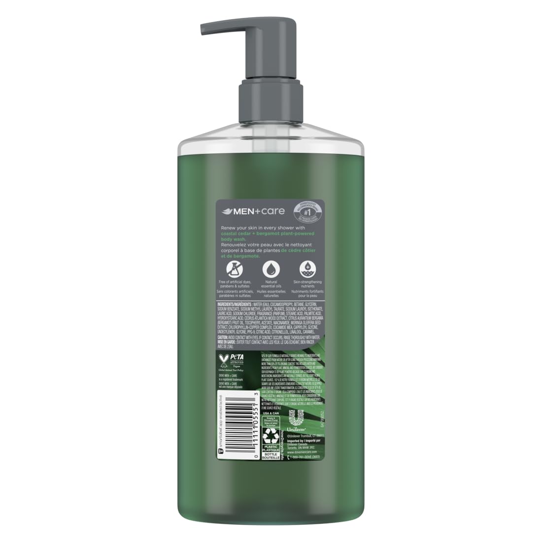 Dove Men+Care Coastal Cedar and Bergamot body wash in a 26oz bottle, skin cleaning agent with fresh, woodsy scent