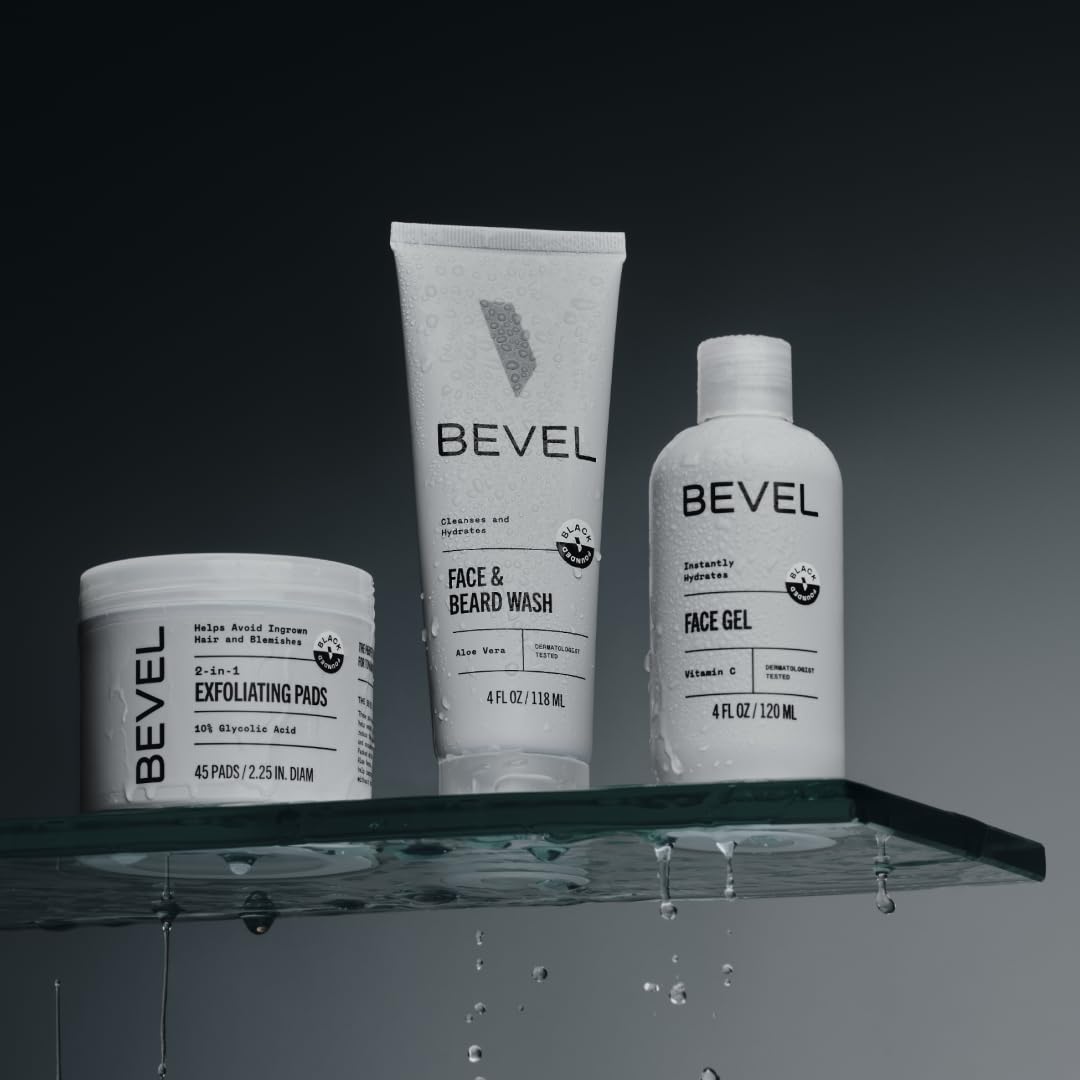 Bevel Men's Skin Care Set with face wash, exfoliating pads, and gel for clean, refreshed skin.