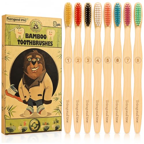 Tetragonal tree 8 Count Biodegradable Bamboo Toothbrushes - - Product Imagery