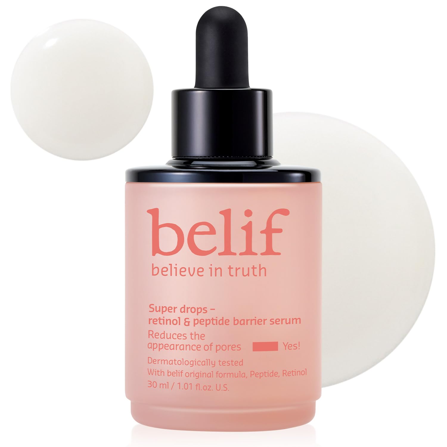 belif Retinol & Peptide Super Drops serum bottle, 1.01 fl oz, featuring a sleek design and dropper applicator for skincare.