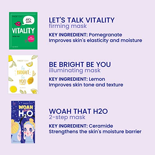 FACETORY Best of 7 Korean Face Mask Variety Pack, Radiance & - Product Imagery