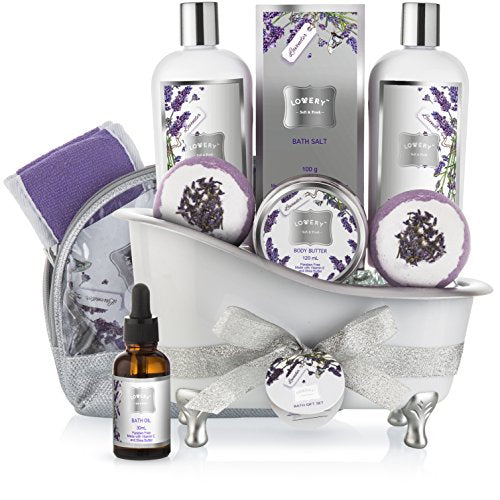 LOVERY Bath Gift Basket Set for Women: Relaxing at Home Spa Kit Scented - Lavender and Jasmine with Large Bath Bombs, Sa