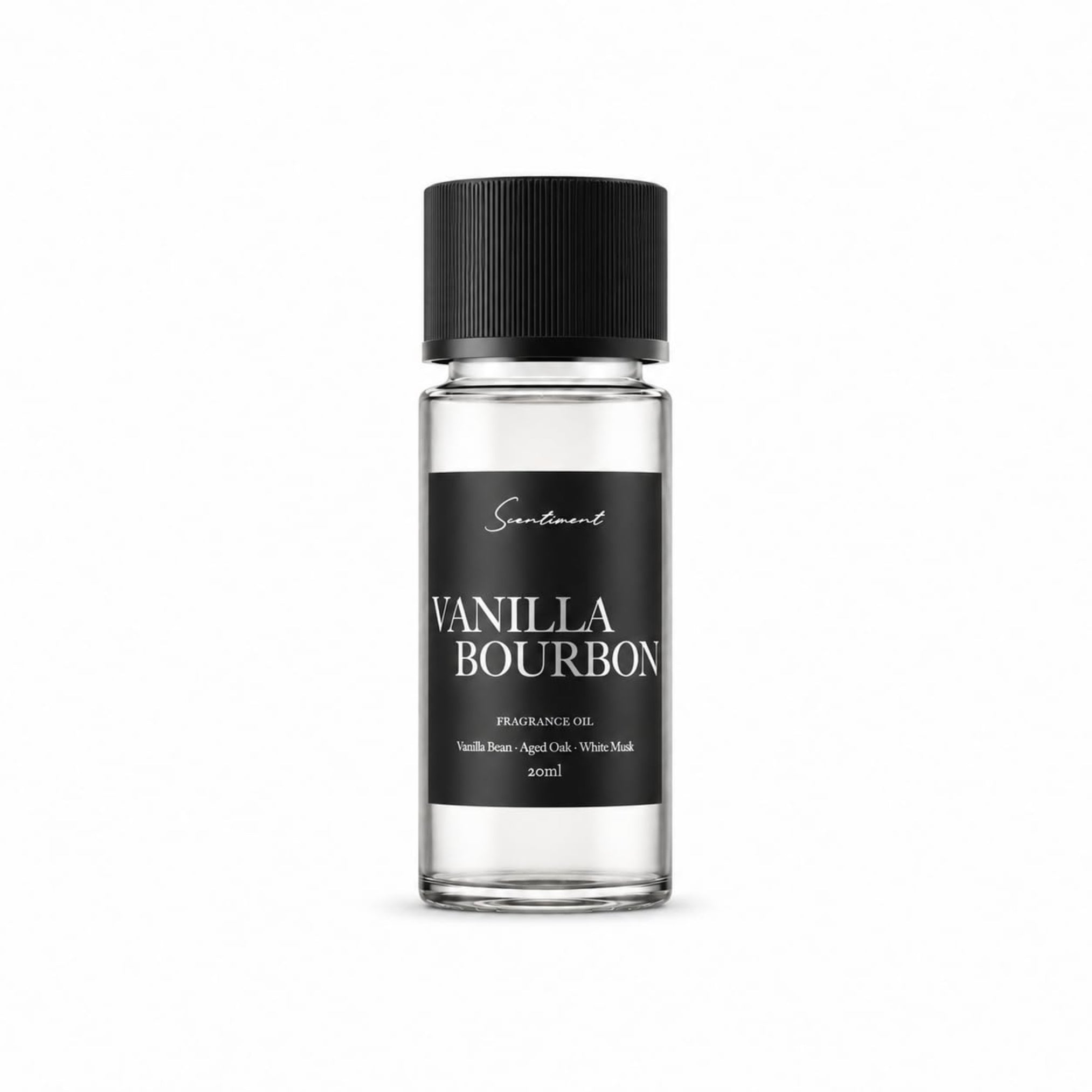 Scentiment Vanilla Bourbon essential oil diffuser bottle, 20ml with a clear glass container and natural vanilla scent.