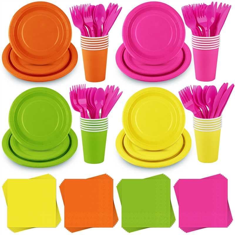 durony 192 Pcs Neon Party Supplies Paper Plates Cups Napkins Hard Plastic Cutlery Forks Knives Spoons Disposable Glow Pa