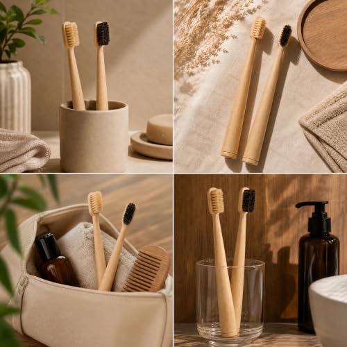 Natural Bristle Bamboo Toothbrush Set for Adults, 1 Boar Bristle - Product Imagery