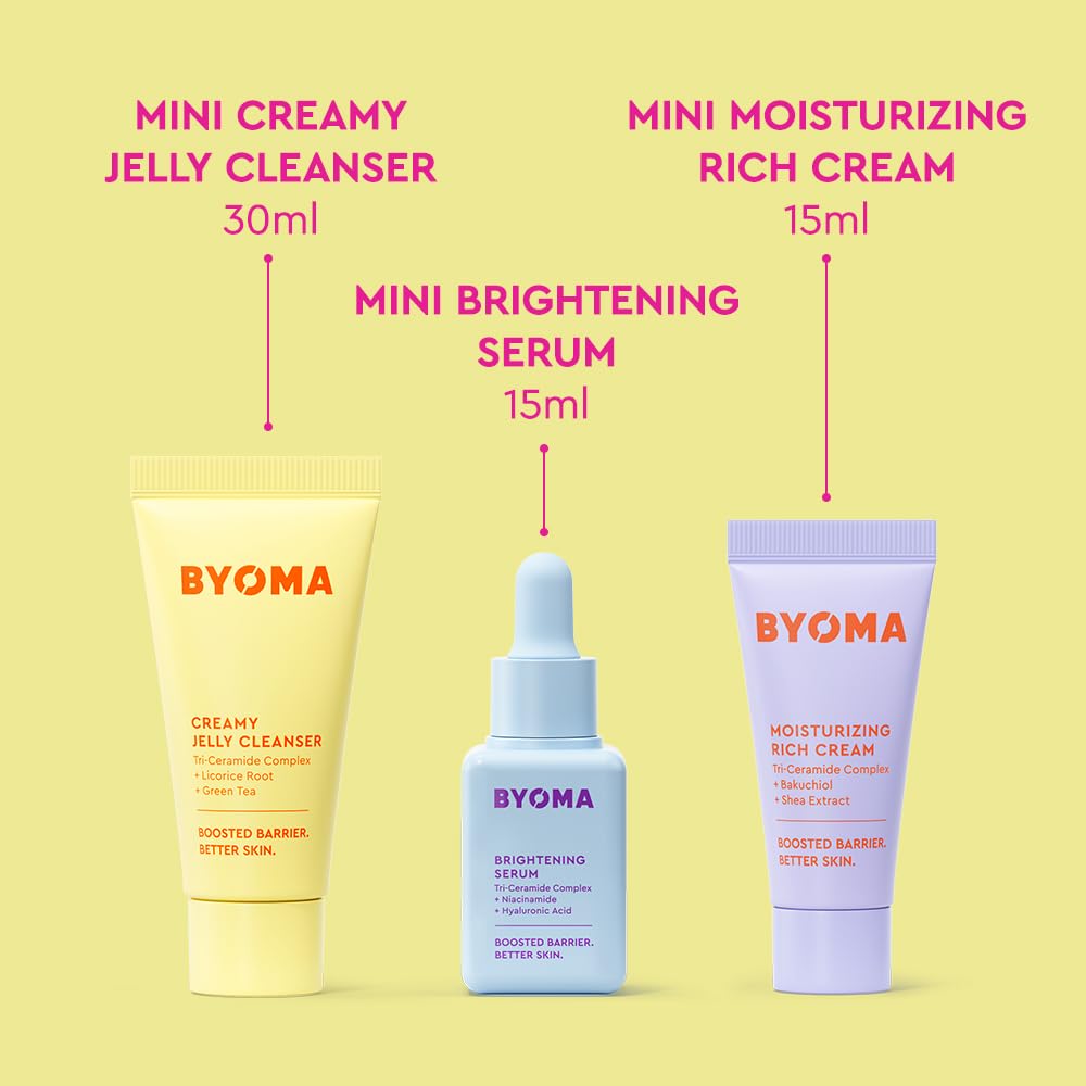 BYOMA So Bright Set featuring a jelly cleanser, brightening serum, and rich cream for luminous skin care.