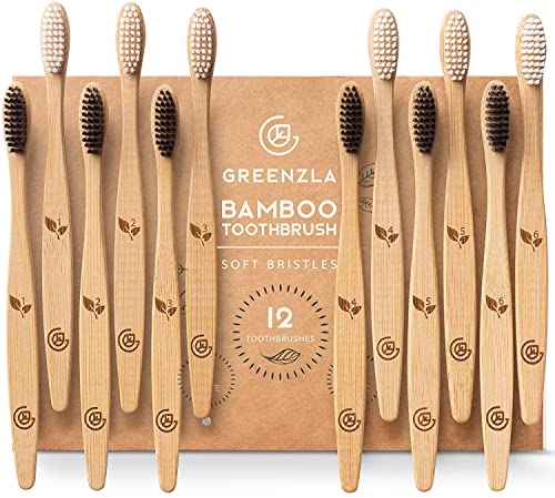 Greenzla Bamboo Toothbrushes for Adults – 12 Pack Wooden - Product Imagery